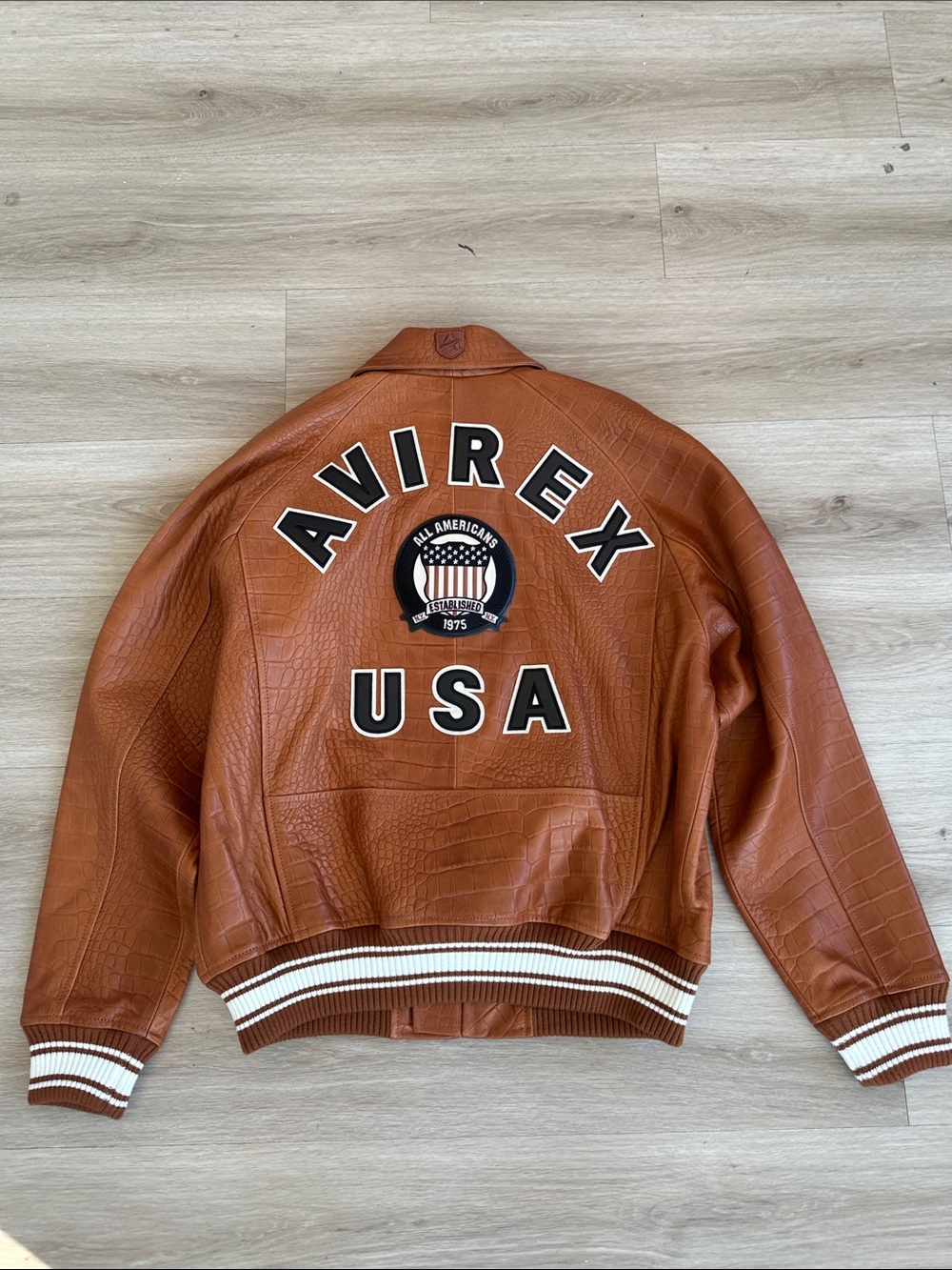 Avirex Croc-Embossed Tan/Brown Bomber Jacket with Crest Patch - Picture 9 of 10